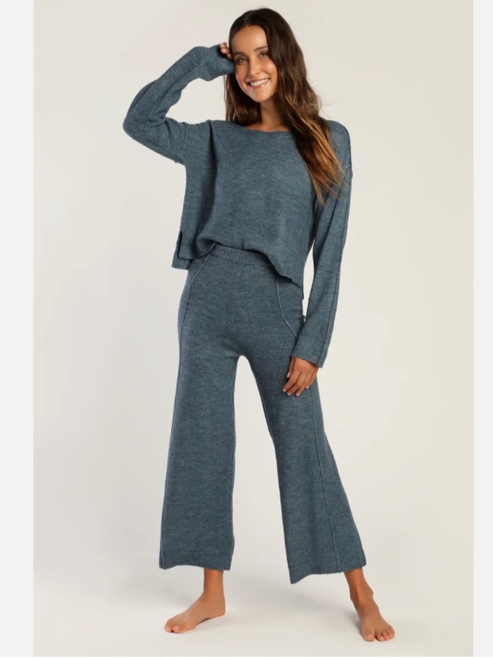NEW WITH TAGS LULUS DENIM BLUE CROPPED WIDE LEG SWEATER PANTS SMALL $52